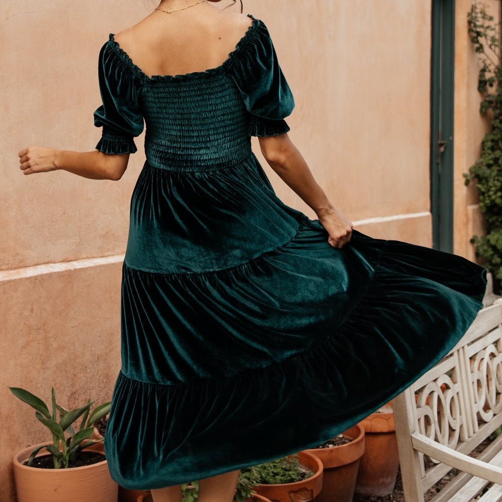 Dark green velvet midi dress